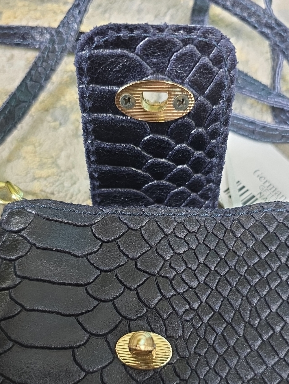 German Fuentes Navy Snakeskin Embossed Crossbody Phone Bag with Gold Bee Accent - Picture 10 of 14